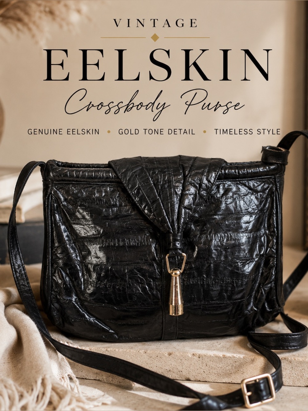 Vintage Eelskin Crossbody Purse | Black Leather